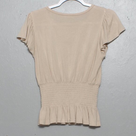 In loom beige smocked flutter sleeve top - Picture 2 of 7